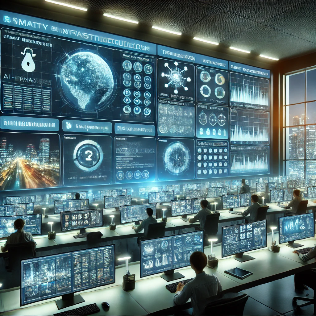 Dalle 2025 02 17 09 52 20 a high tech control room with multiple digital screens displaying real time data from smart monitoring technology screens show city infrastructure w